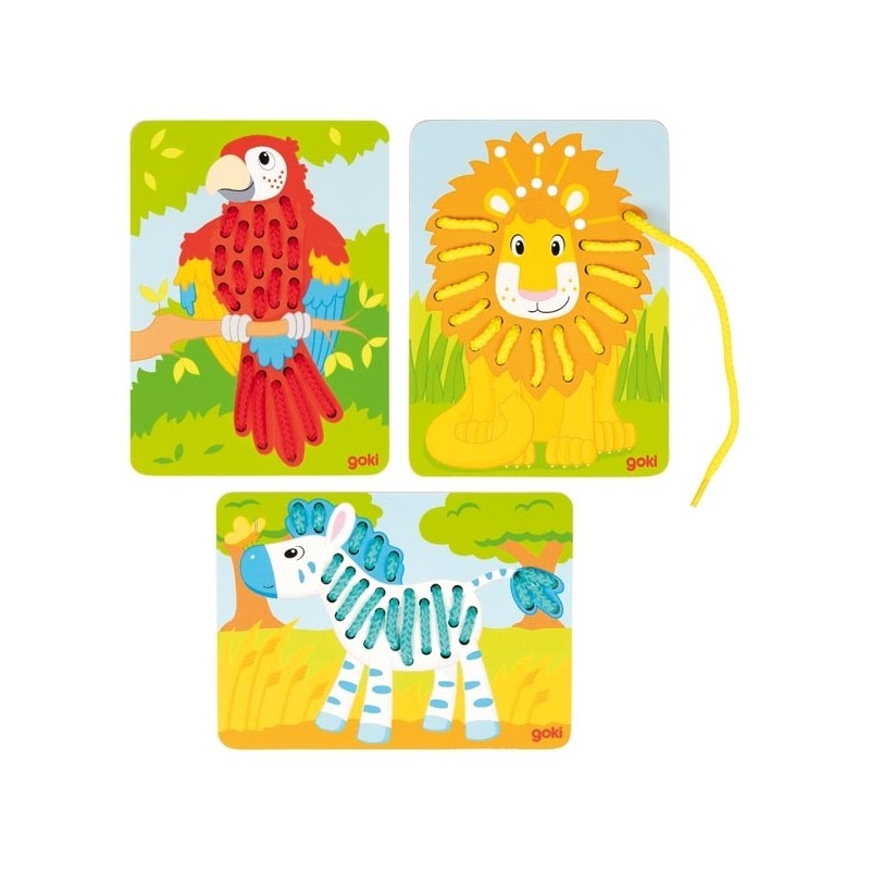 Jeu de lacets, perroquet, lion et zèbre