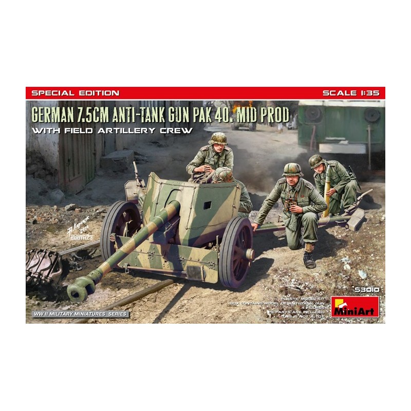 German 7.5cm Anti-Tank Gun PAK 40. Mid Prod W/Artillery Crew 1/35 - MiniArt
